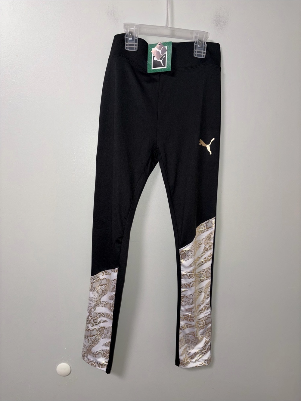 Puma Black Athletic Leggings Gold & White Leopard Legs NWT Girls L 12/14